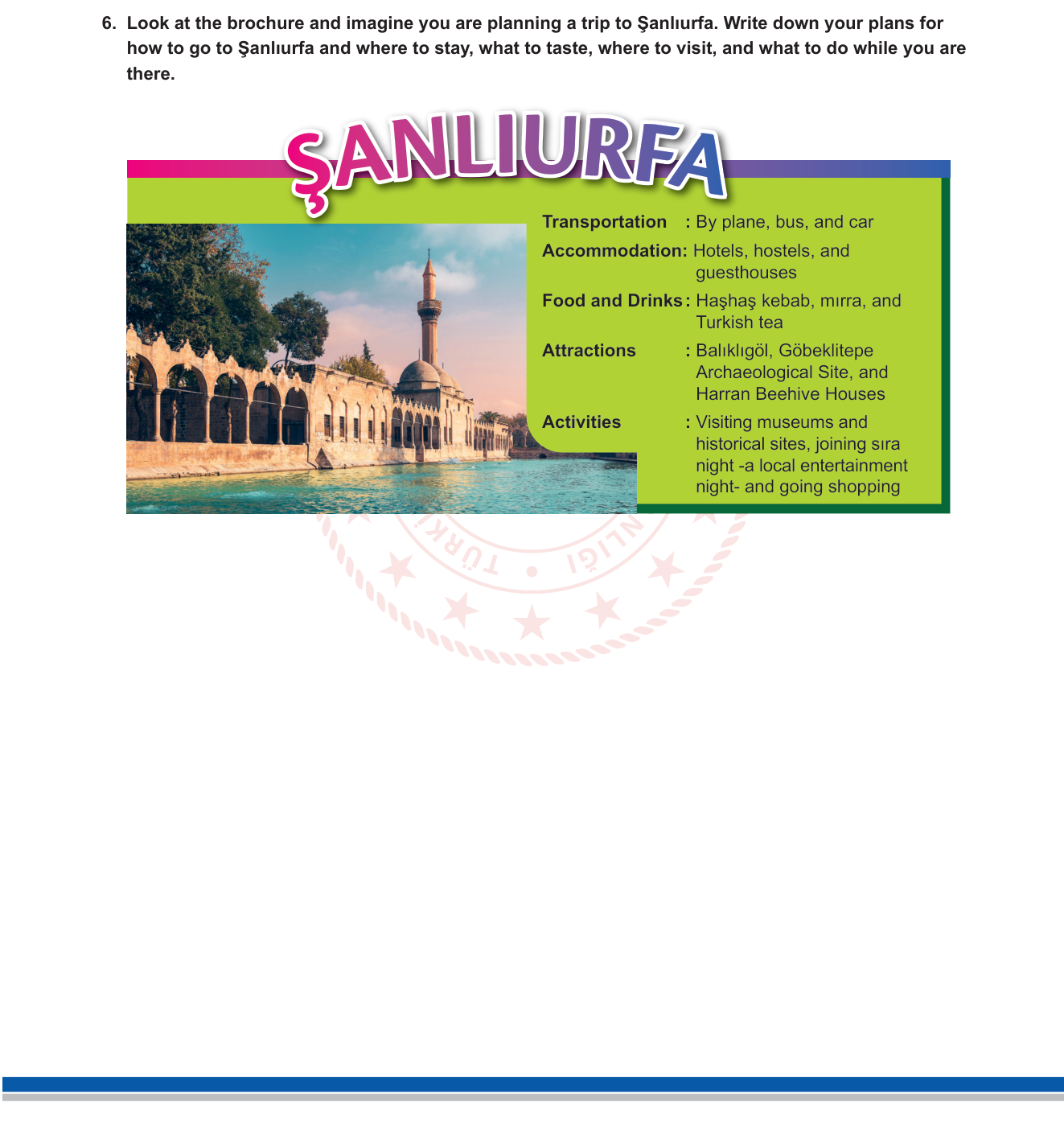 İngilizce sorusu 6 — İngilizce 10 – Guided writing / brochure reading (be going to, travel plans)