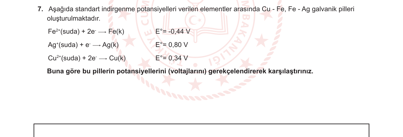 Kimya sorusu 8 — Elektrokimya — Galvanik Pil Potansiyeli Karşılaştırması (12. Sınıf Kimya)