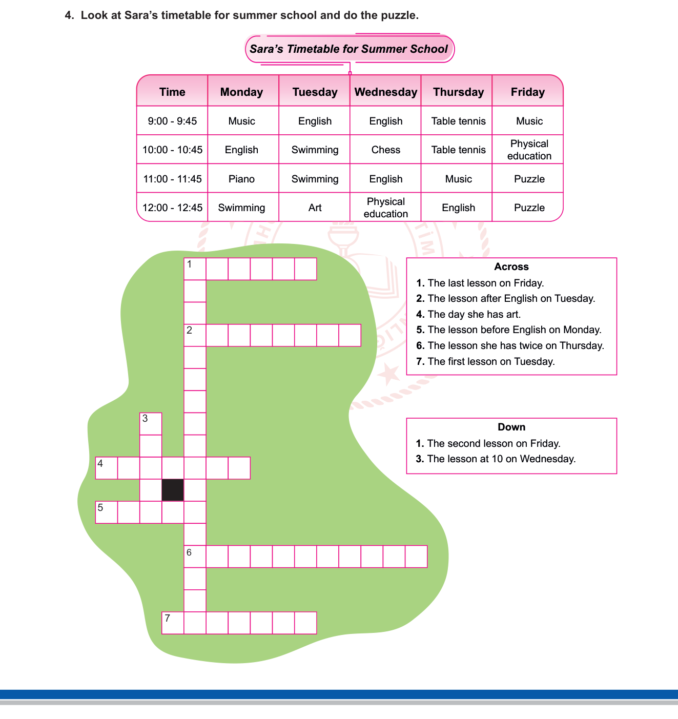 İngilizce sorusu 4 — Ders programı / Zaman ifadeleri / Okul dersleri (Timetable & School Subjects) — 5. Sınıf İngilizce
