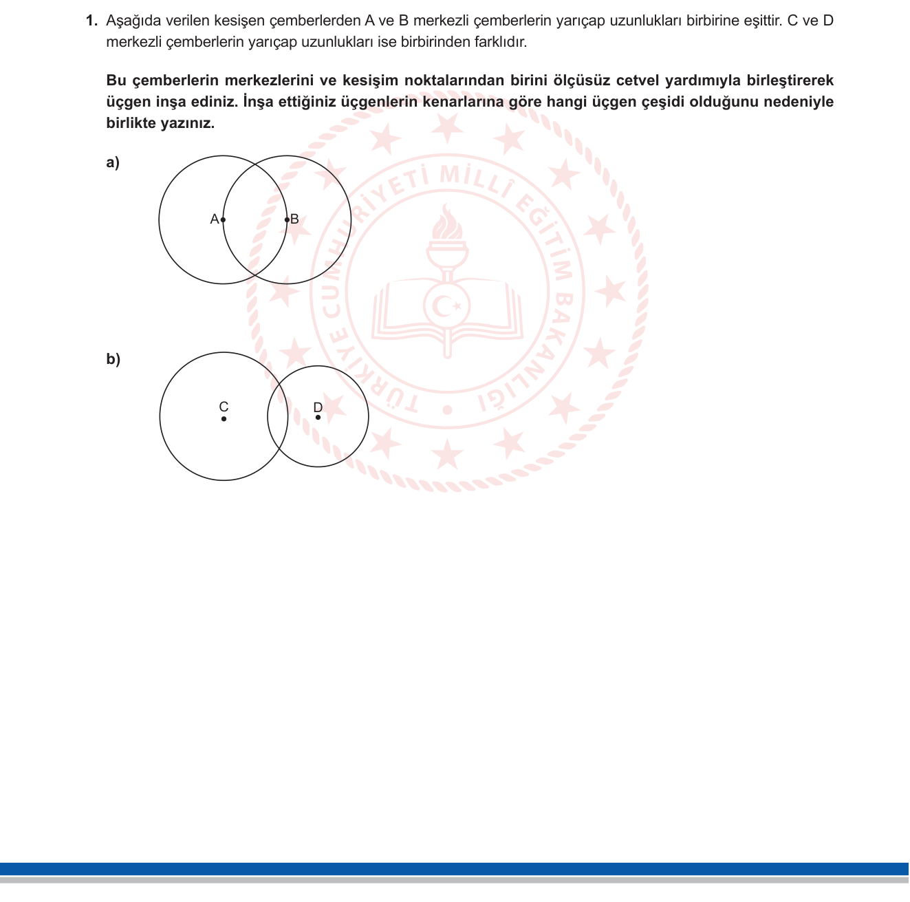 Matematik sorusu 1 — Çember ve çember parçaları; üçgenlerin sınıflandırılması (kenarlarına göre); geometrik inşa