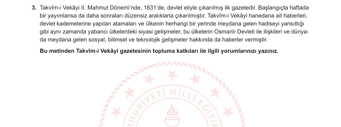Sosyal Bilgiler sorusu 2 — Osmanlı Modernleşmesi / II. Mahmut Dönemi / Basın Tarihi / Takvîm-i Vekâyi