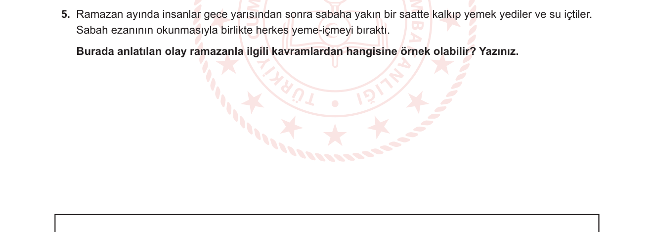 Din Kültürü ve Ahlak Bilgisi sorusu 15 — Ramazan İbadetleri — Sahur, İftar ve Oruç Kavramları (5. Sınıf)