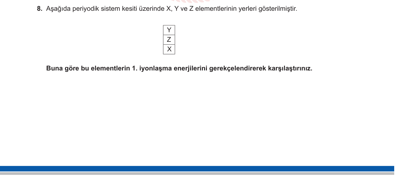 Kimya sorusu 9 — Periyodik Özellikler — 1. İyonlaşma Enerjisi, Grupta Değişim, Atom Yarıçapı İlişkisi
