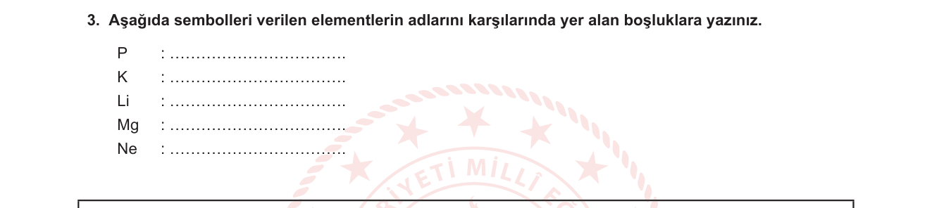 Kimya sorusu 18 — Element sembolleri ve Türkçe adları — periyodik tablo