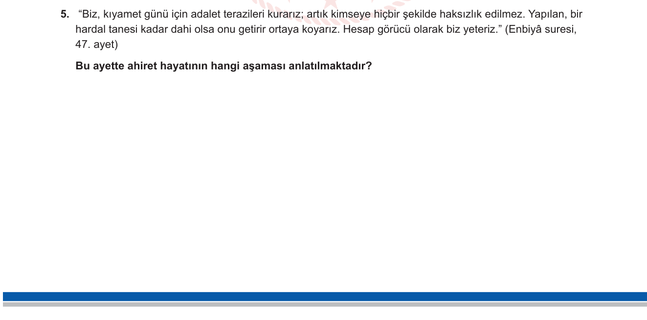 Din Kültürü ve Ahlak Bilgisi sorusu 12 — Ahiret İnancı — Mizan / Amellerin Tartılması