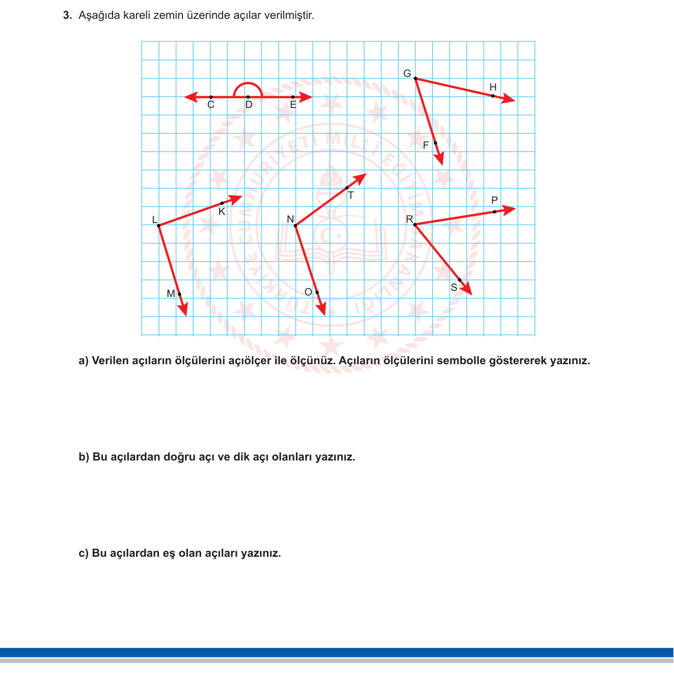 Matematik sorusu 3 — Açılar — açı türleri (dar, dik, geniş, doğru), açı ölçümü, eş açılar