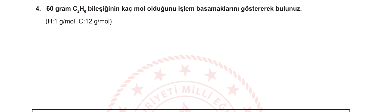 Kimya sorusu 10 — Mol kavramı — kütle-mol dönüşümü