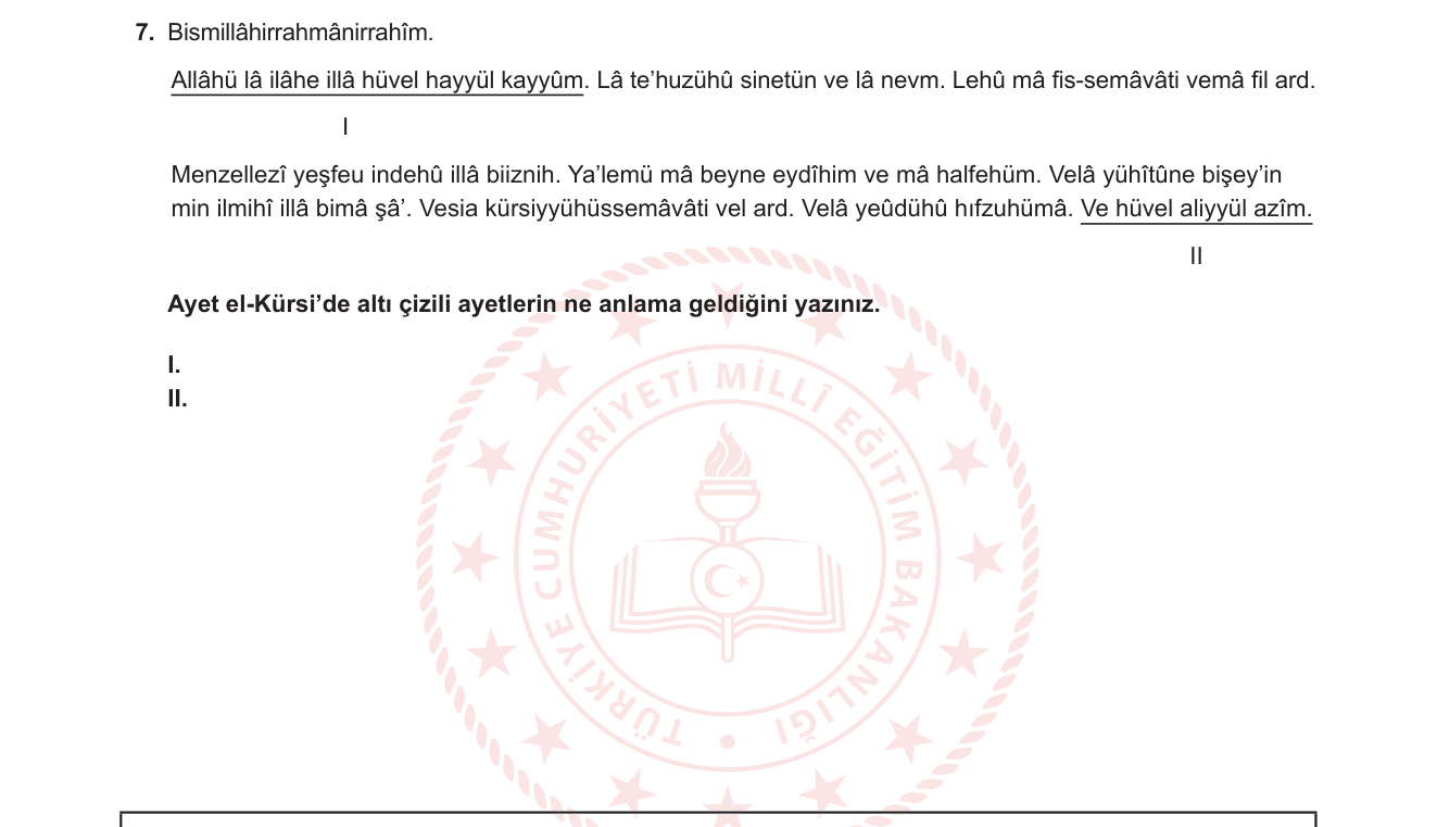 Din Kültürü ve Ahlak Bilgisi sorusu 6 — Ayet el-Kürsi — meal ve Allah'ın sıfatları (8. sınıf Din Kültürü)