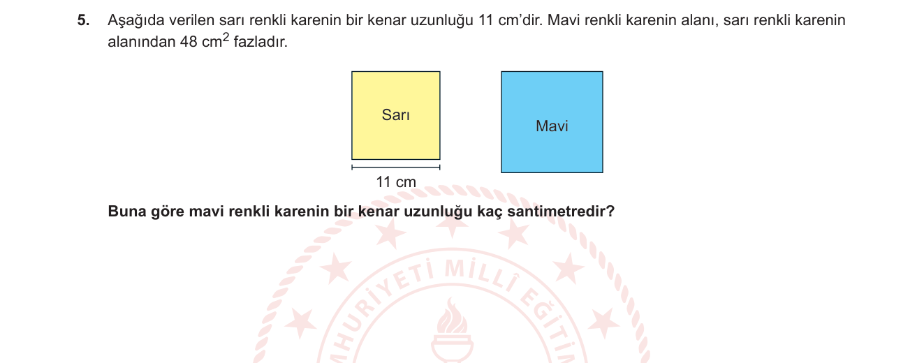 Matematik sorusu 5 — Kare ve Dikdörtgen Alanları / Karekök