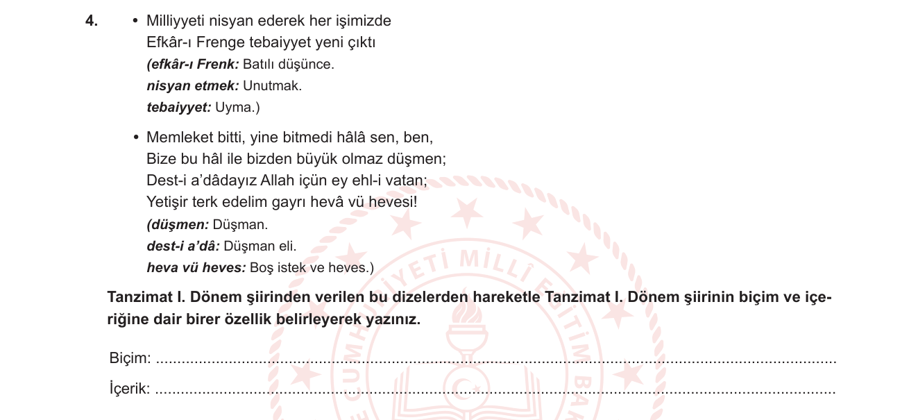 Türk Dili ve Edebiyatı sorusu 6 — Tanzimat I. Dönem Şiiri — Biçim ve İçerik Özellikleri