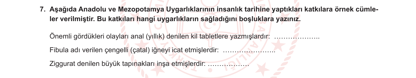 Sosyal Bilgiler sorusu 14 — Anadolu ve Mezopotamya Uygarlıkları (İlk Uygarlıklar ve Katkıları)