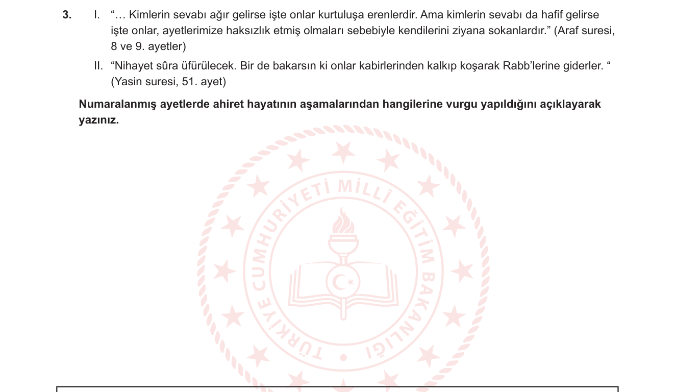 Din Kültürü ve Ahlak Bilgisi sorusu 3 — Ahiret inancı / Ahiretin aşamaları (Ba's, Haşr, Mizan)