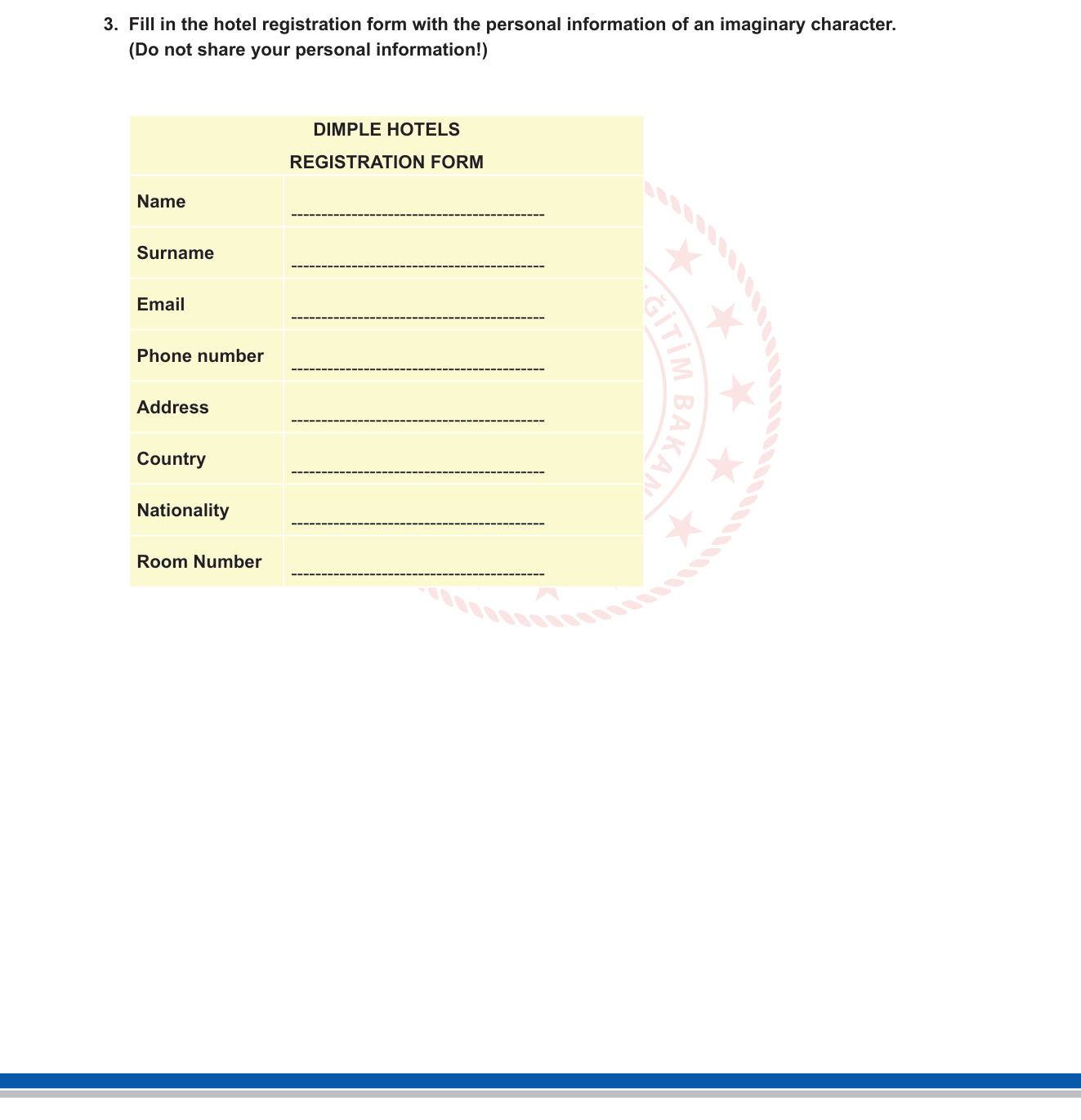 İngilizce sorusu 4 — Writing — Form Filling / Personal Information (Kişisel Bilgiler — Otel Kaydı)