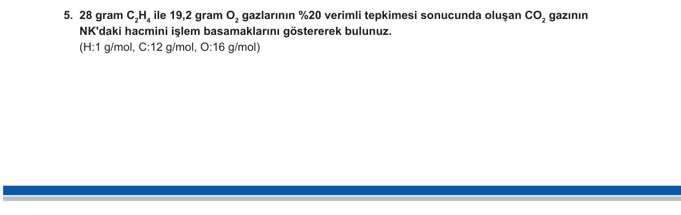 Kimya sorusu 21 — Kimyasal Hesaplamalar — Sınırlayıcı Bileşen ve Verim (10. sınıf)