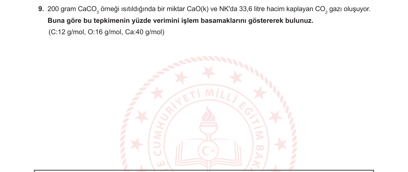 Kimya sorusu 11 — Kimyasal Hesaplamalar — Yüzde Verim (10. sınıf)