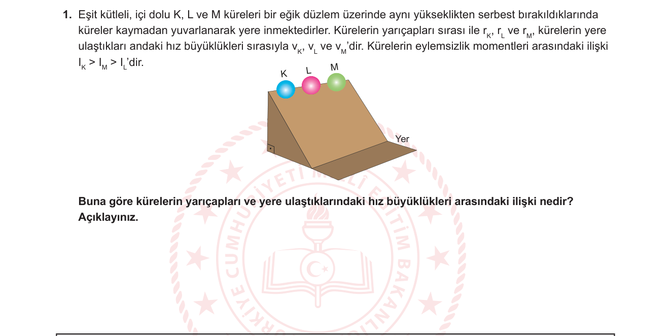 Fizik sorusu 1 — Dönen Katı Cisim — Kaymadan Yuvarlanma, Enerji Korunumu, Eylemsizlik Momenti