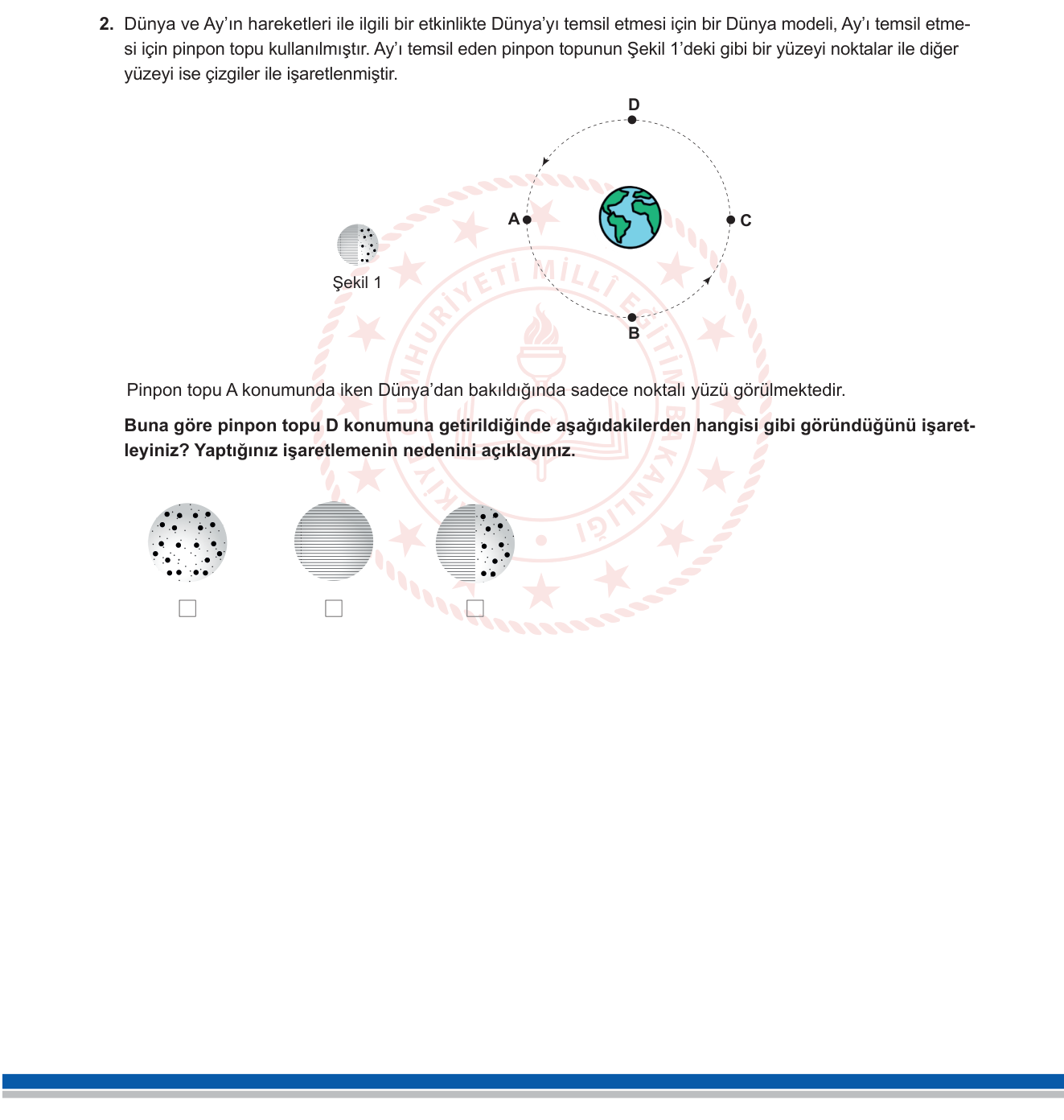 Fen Bilimleri sorusu 2 — Ay'ın Evreleri / Güneş-Dünya-Ay Geometrisi