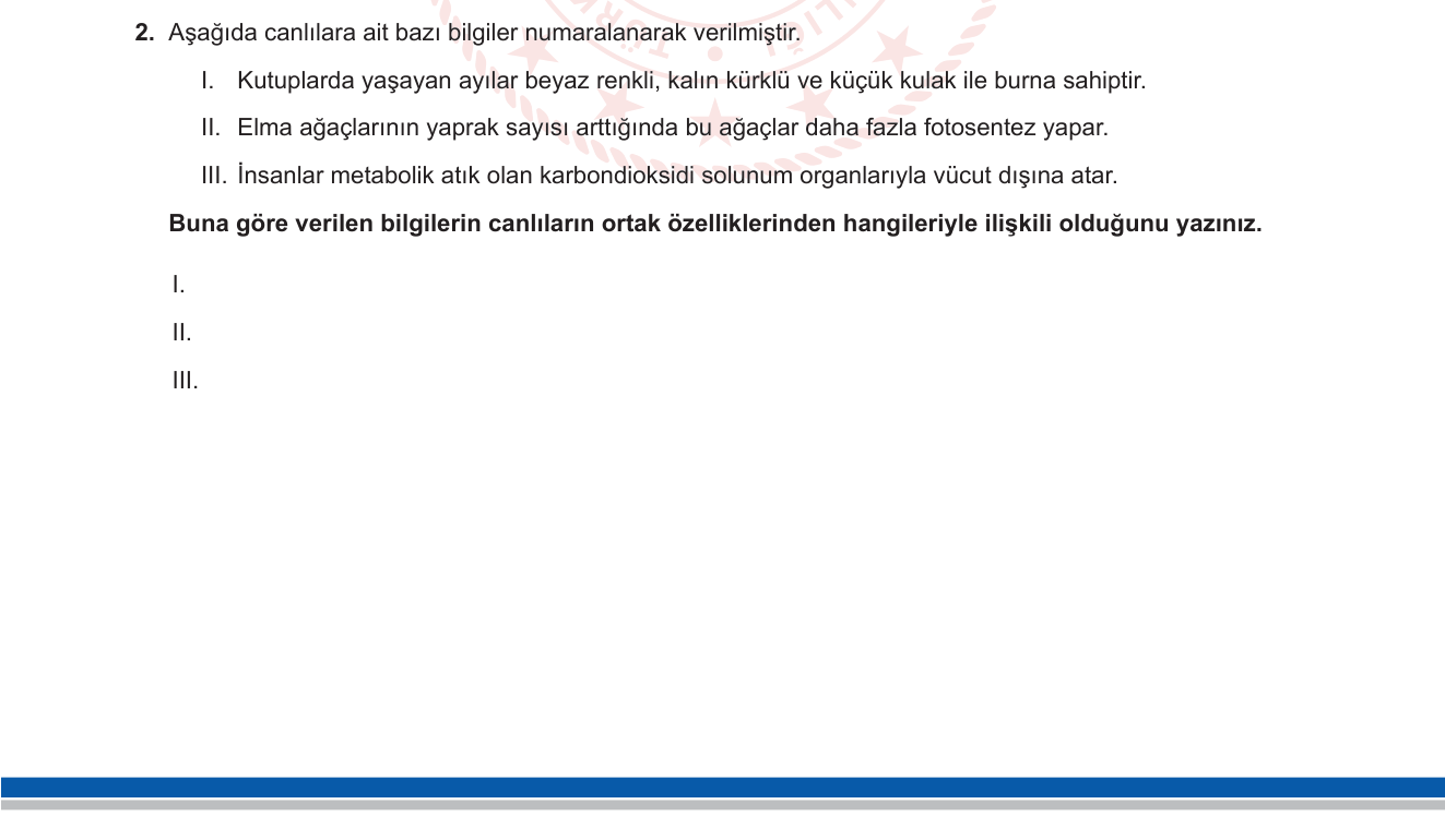 Biyoloji sorusu 2 — Canlıların Ortak Özellikleri — Adaptasyon, Metabolizma, Boşaltım
