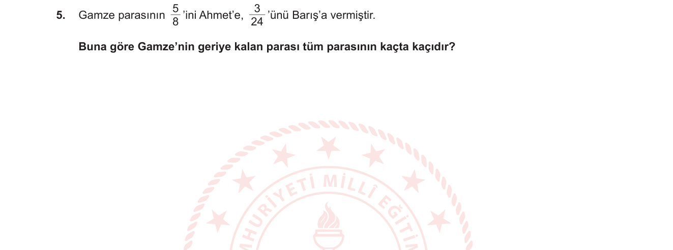 Matematik sorusu 14 — Kesirlerde çıkarma işlemi / Bütünün kesirlerle ifade edilmesi