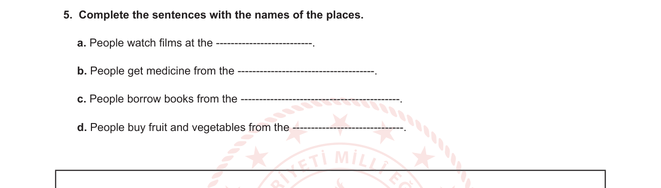 İngilizce sorusu 6 — Şehirdeki yerler ve işlevleri (places in town — cinema, pharmacy, library, market)