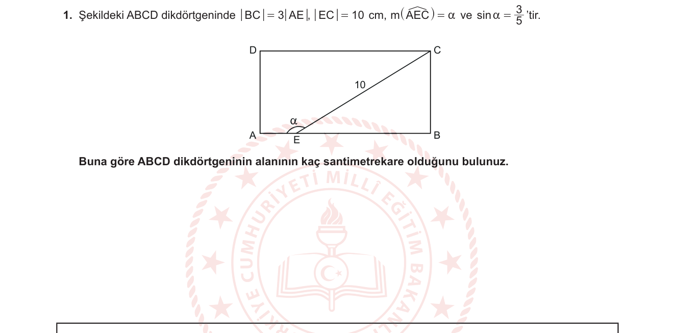 Matematik sorusu 16 — Trigonometri uygulamaları — dikdörtgende açı ve kenar, alan hesabı