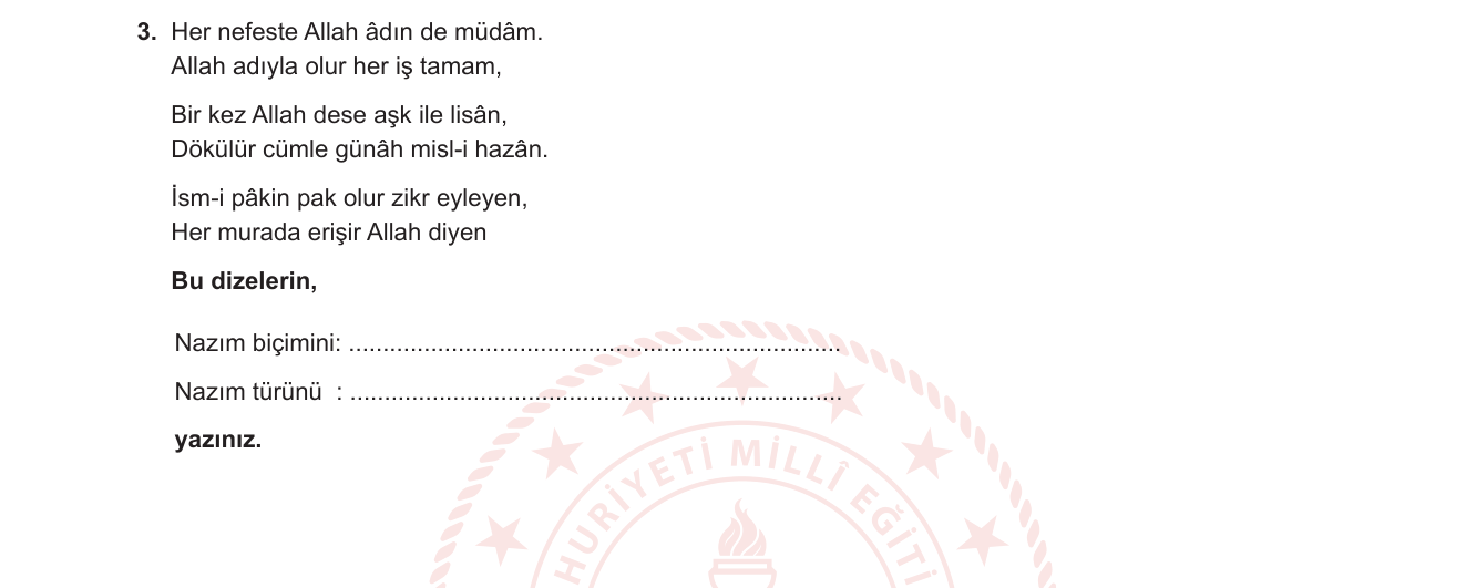 Türk Dili ve Edebiyatı sorusu 6 — Divan Edebiyatı nazım biçimleri ve türleri / İlahi / Mesnevi