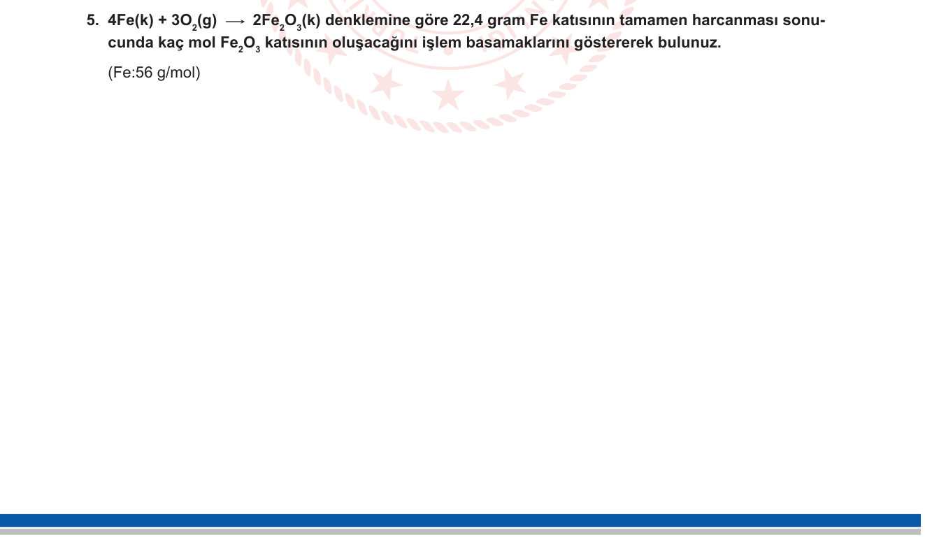 Kimya sorusu 16 — Kimyasal Hesaplamalar — Mol-Kütle-Stokiyometri (10. sınıf)