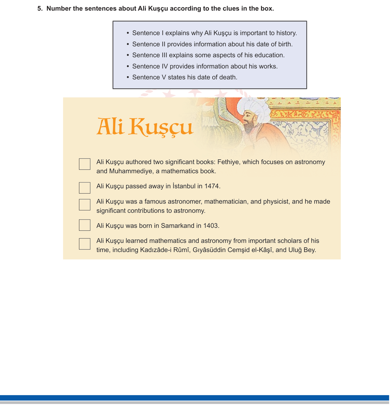 İngilizce sorusu 3 — Matching / Ordering — Information about a Historical Figure (Ali Kuşçu)
