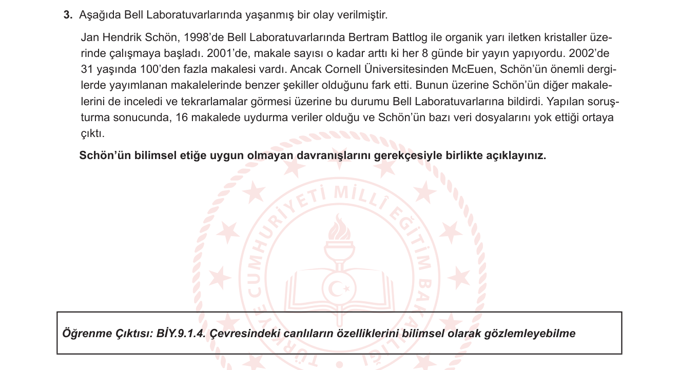 Biyoloji sorusu 3 — Bilim etiği ve etik ihlal türleri