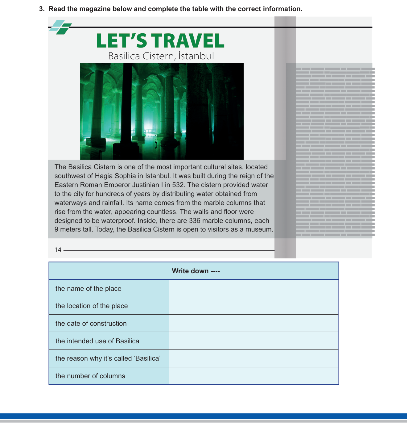 İngilizce sorusu 3 — Reading Comprehension — Table Completion / Factual Information (Basilica Cistern / Let's Travel)