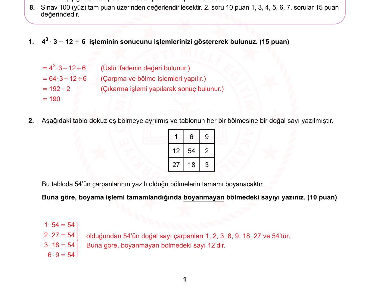 Matematik sorusu 1 — 6. Sınıf — İşlem Önceliği / Doğal Sayılarda Çarpan-Kat İlişkisi