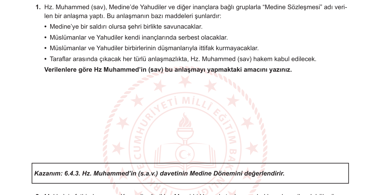 Din Kültürü ve Ahlak Bilgisi sorusu 1 — Hz. Muhammed'in (s.a.v.) Medine Dönemi — Medine Sözleşmesi