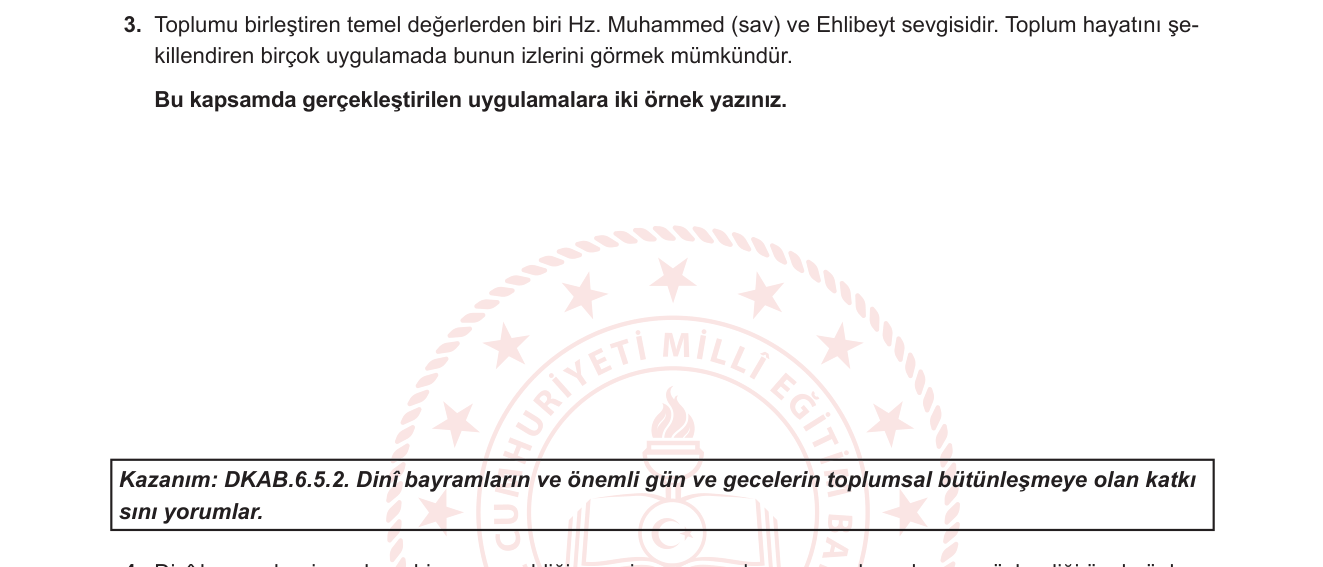 Din Kültürü ve Ahlak Bilgisi sorusu 3 — Din Kültürü ve Ahlak Bilgisi 6. Sınıf — Hz. Muhammed ve Ehlibeyt Sevgisi / Dinî Gün ve Gecelerin Toplumsal Katkısı (DKAB.6.5.2)