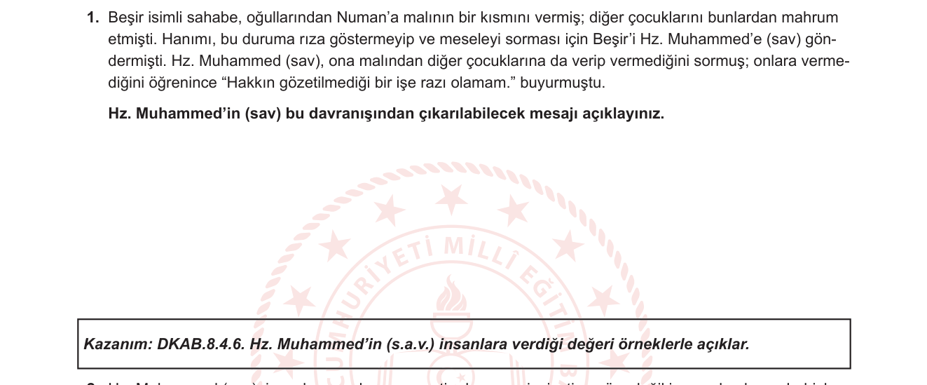 Din Kültürü ve Ahlak Bilgisi sorusu 1 — Hz. Muhammed'in (sav) Kişiliği ve Örnek Ahlakı / Aile İçinde Adalet (8. Sınıf DKAB Ünite 4)