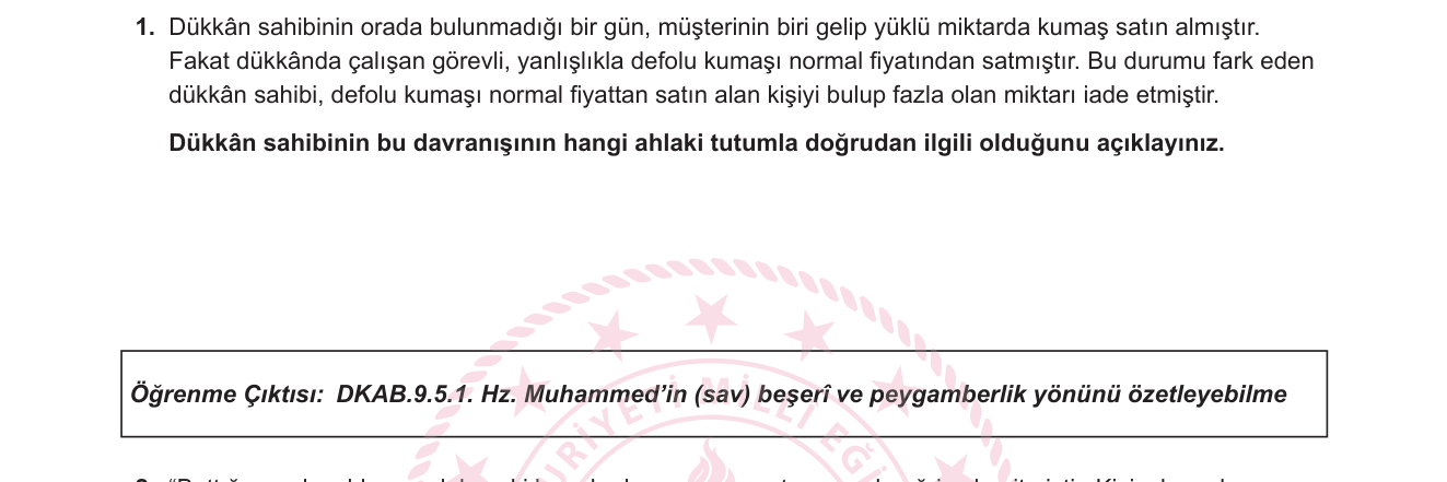 Din Kültürü ve Ahlak Bilgisi sorusu 1 — Hz. Muhammed'in Beşerî Yönü / İslam Ahlakı (Dürüstlük, Emanet, Haksız Kazançtan Kaçınma)