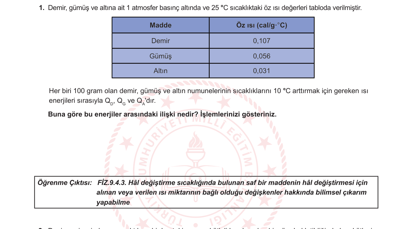 Fizik sorusu 1 — Isı ve Sıcaklık — Öz Isı, Q = m·c·ΔT (9. Sınıf Fizik)