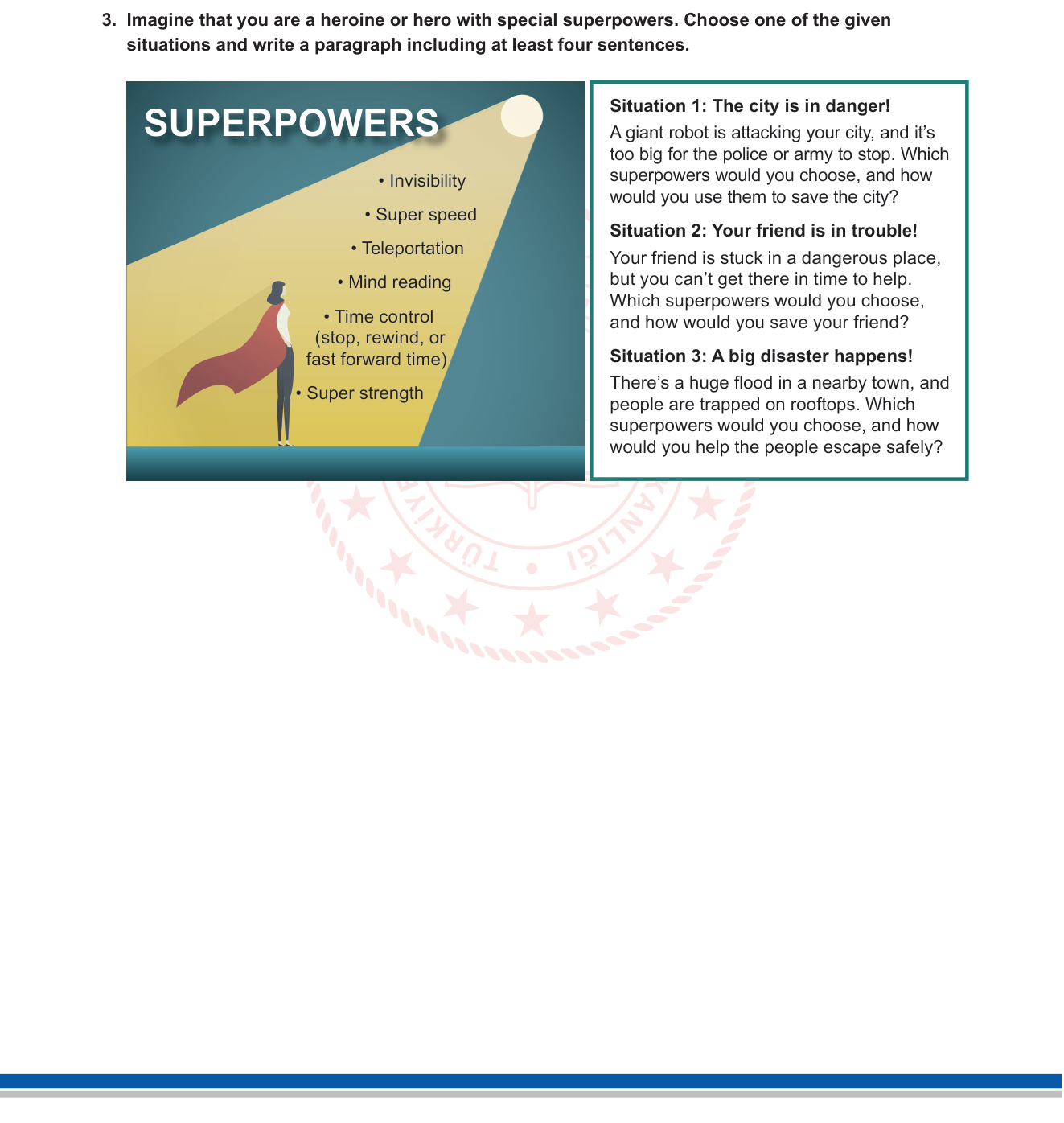 İngilizce sorusu 3 — İngilizce — Creative Writing / Imaginative Writing (Superpowers & Hypothetical Situations), MEB 10. Sınıf İngilizce