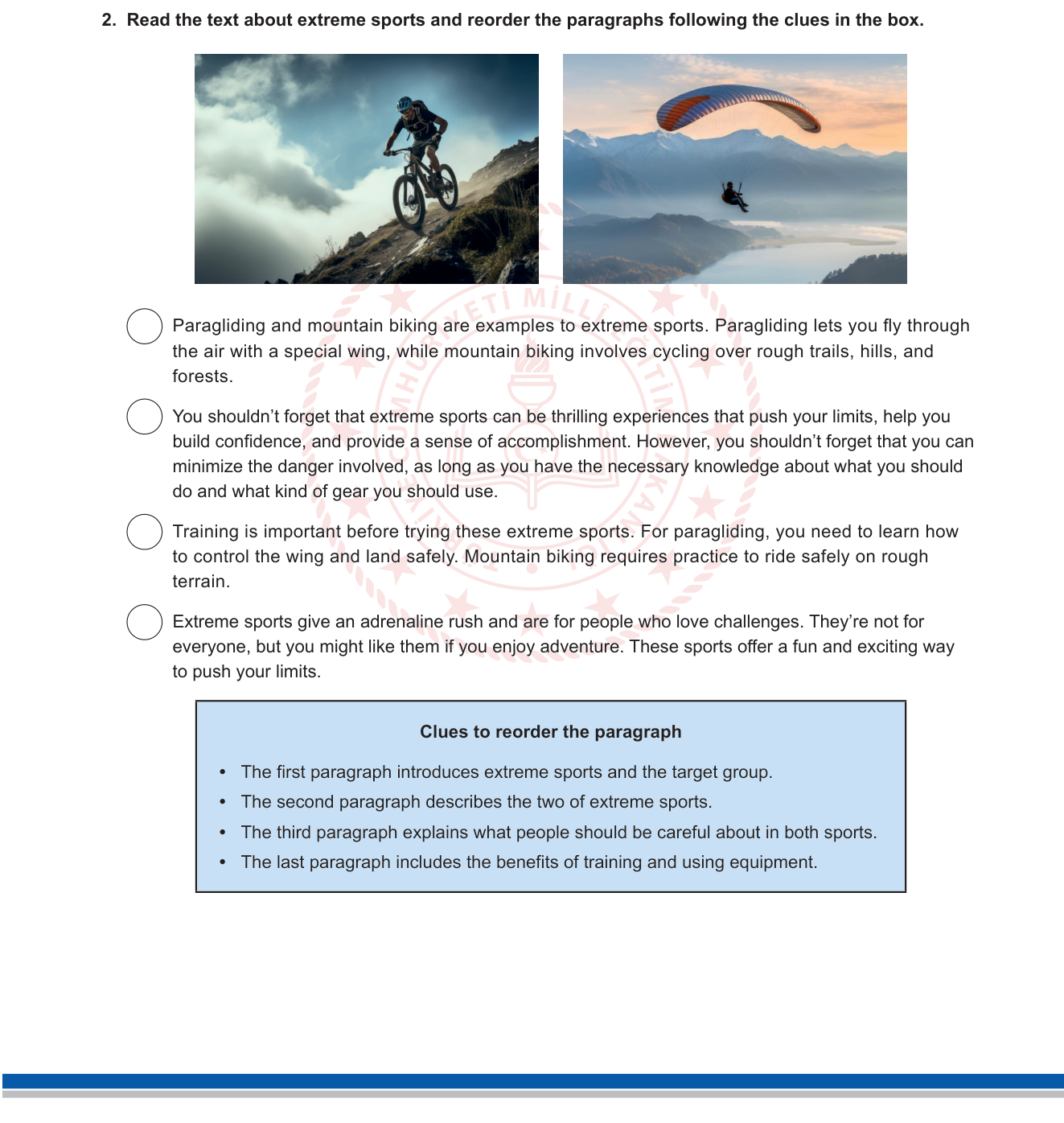 İngilizce sorusu 2 — Reading Comprehension - Text Organisation / Paragraph Reordering (Extreme Sports)