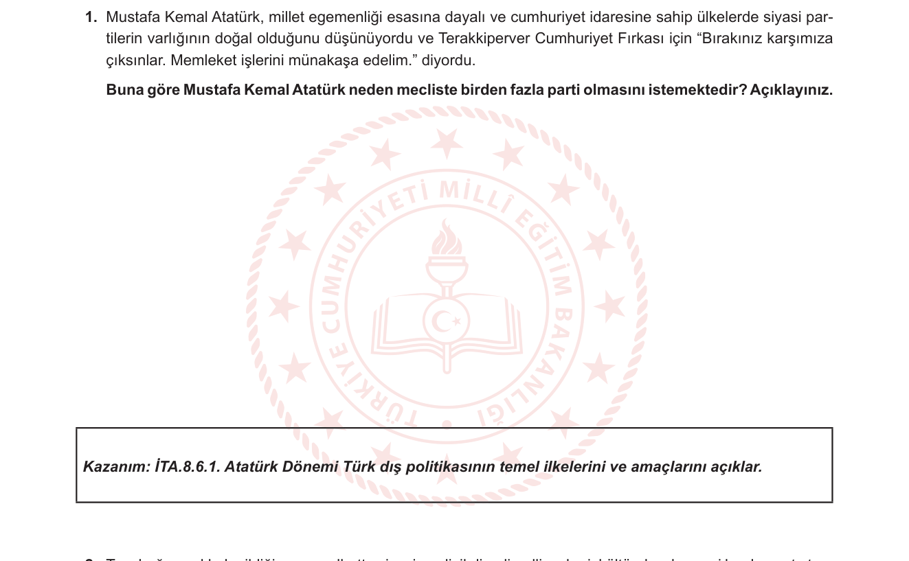 T.C. İnkılap Tarihi ve Atatürkçülük sorusu 1 — Atatürk Dönemi — Çok Partili Hayata Geçiş Denemeleri / Millet Egemenliği ve Demokrasi