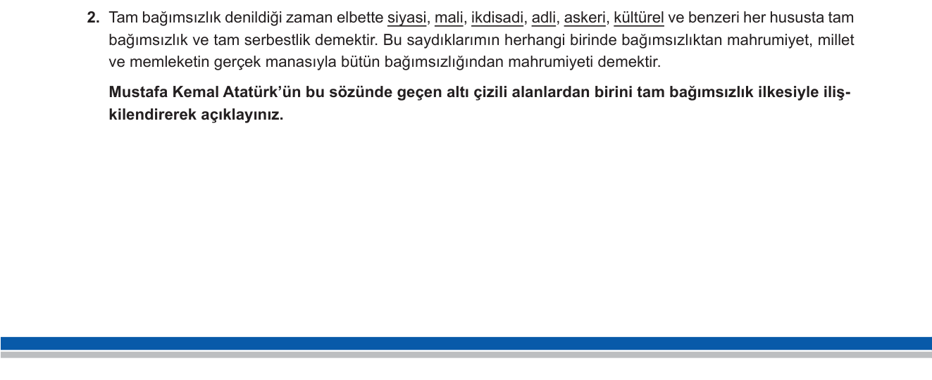 T.C. İnkılap Tarihi ve Atatürkçülük sorusu 2 — Atatürk İlkeleri — Tam Bağımsızlık İlkesi / İnkılap Tarihi 8. Sınıf