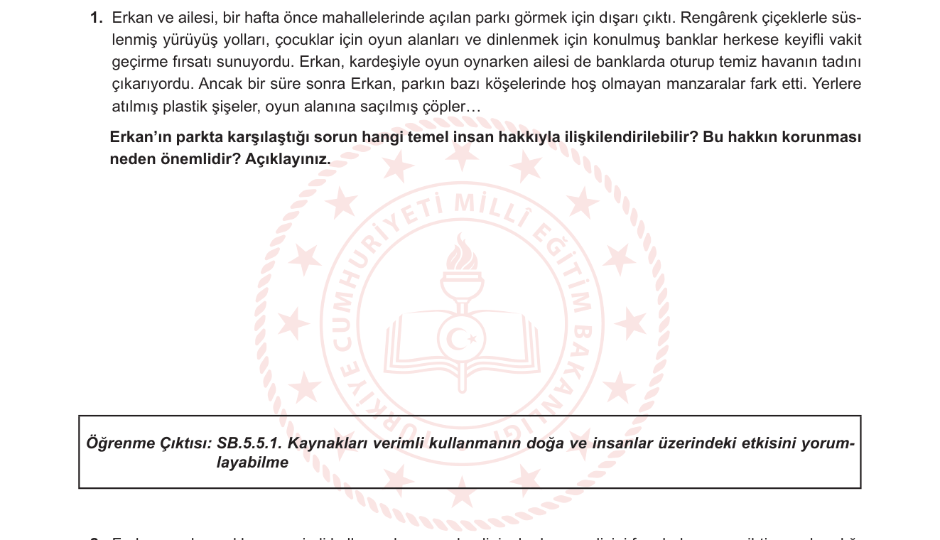 Sosyal Bilgiler sorusu 1 — Temel İnsan Hakları / Çevre Hakkı / Kaynakların Verimli Kullanımı (5. Sınıf Sosyal Bilgiler)