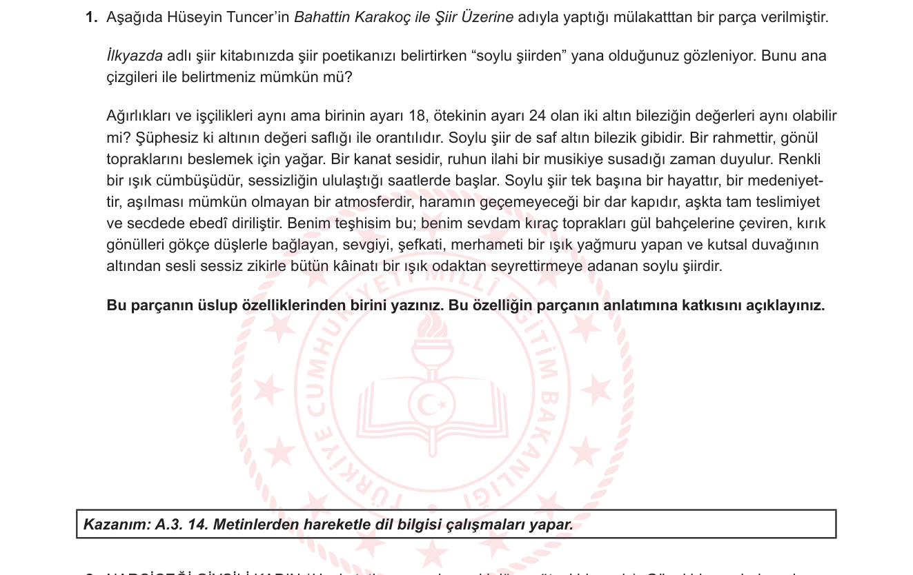 Türk Dili ve Edebiyatı sorusu 1 — Üslup ve Anlatım Özellikleri / Edebi Sanatlar (Teşbih, İstiare) — Metin İnceleme