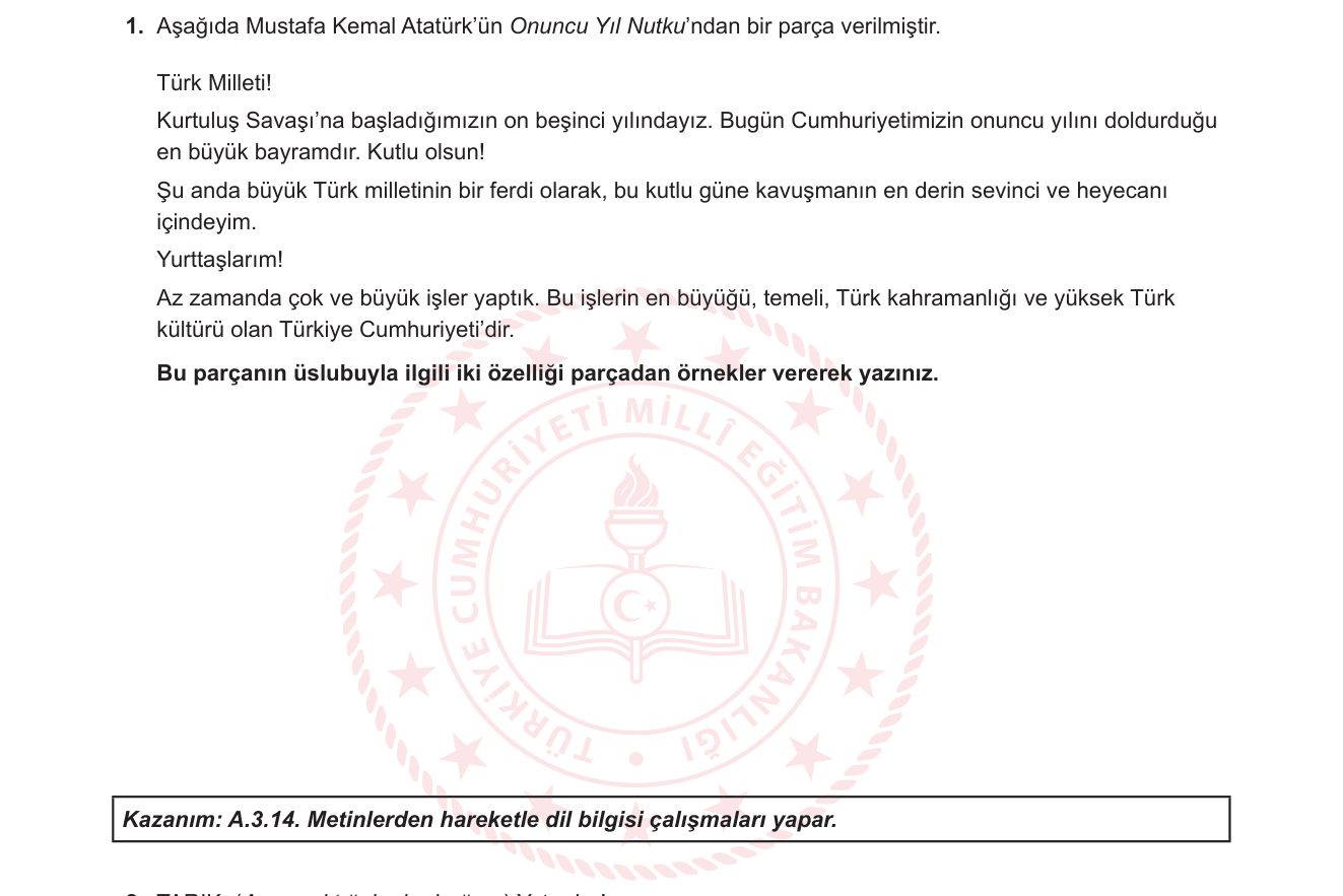 Türk Dili ve Edebiyatı sorusu 1 — Türk Dili ve Edebiyatı – Söylev/Nutuk Türü, Üslup ve Anlatım Özellikleri