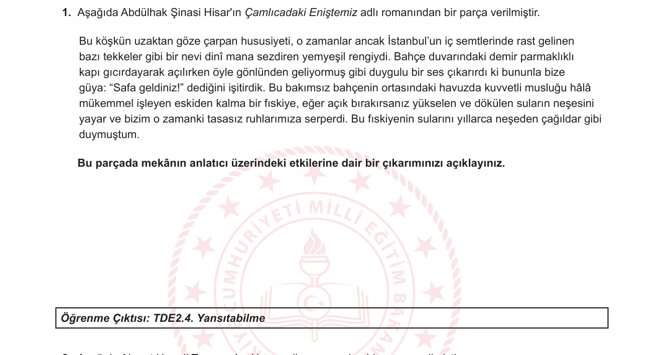 Türk Dili ve Edebiyatı sorusu 1 — Metinden çıkarım yapma ve yansıtma (TDE2.4) — Roman türü, mekân-anlatıcı ilişkisi, 9. Sınıf Türk Dili ve Edebiyatı